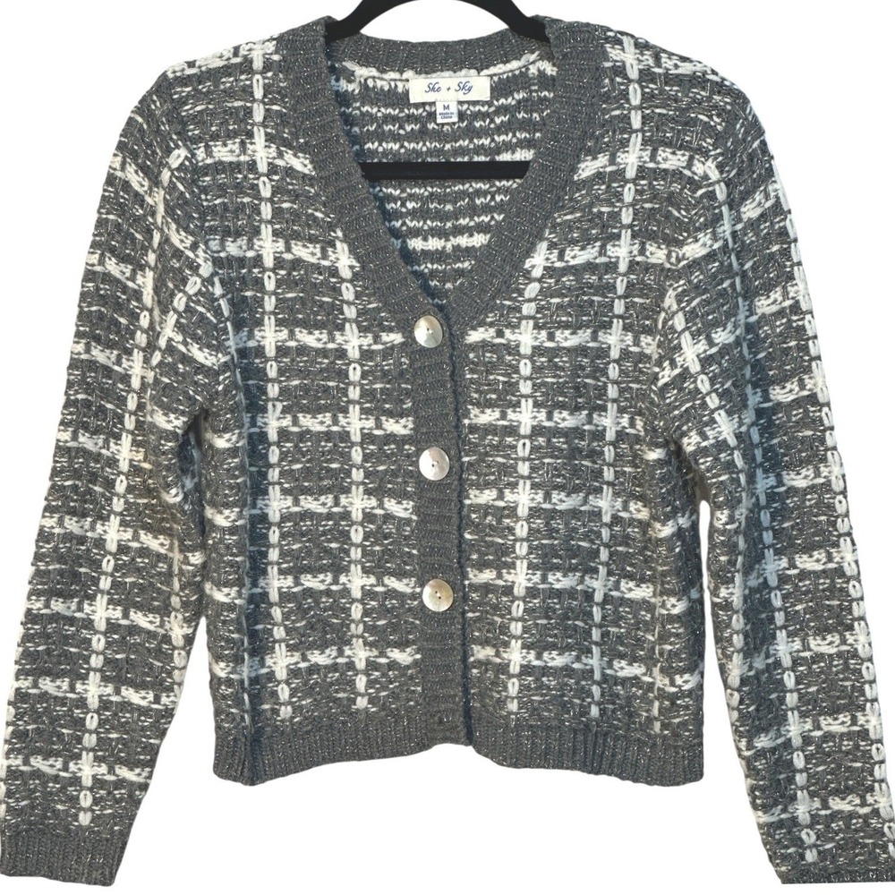 She + Sky Cardigan Women Gray White Metallic Plaid V-Neck Button Up Fall Layer M
